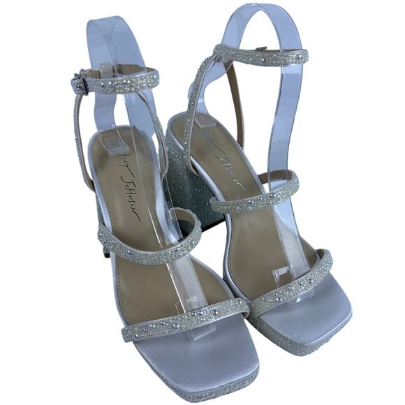Blue by Betsey Johnson Denni Sandals Formal Pearl Block Heel Buckle Square Toe - Picture 1 of 12